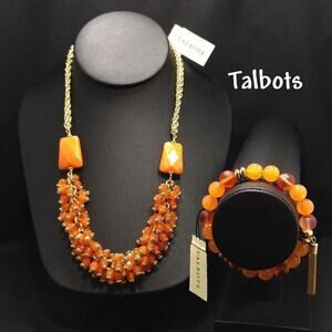 Talbots Orange Beaded Necklace Bracelet Set NWT Gold Tone Tassel